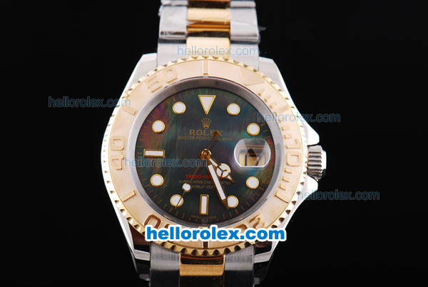 Rolex Yacht-Master Oyster Perpetual Chronometer Automatic Two Tone with Black Shell Dial,Gold Bezel and Round Bearl Marking-Small Calendar - Click Image to Close